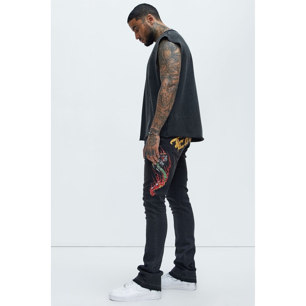 Ed Hardy Stacked Skinny Embroidered Cobra‎ Flame Jeans in Black, Men's Size 32